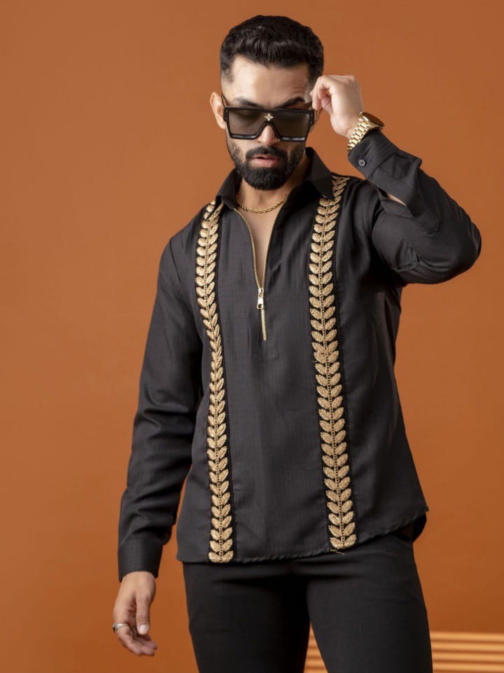 Streak Hawk Black Chain Up Flont Golden Embroidery Shirt